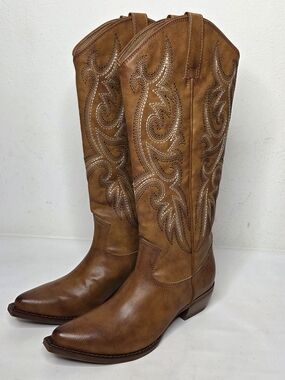 Frye and Co. NWOB Irlene Tall Deco Stitch Western Boots Womens 9M Brown Vegan